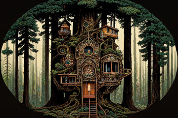 Dreamy Treehouse Hideaway, Enchanting Artwork of a Cozy Retreat Nestled Among Trees, Inviting Imagination, Adventure in Nature's Embrace, Perfect for Inspiring Love for the Great Outdoors, Tranquility