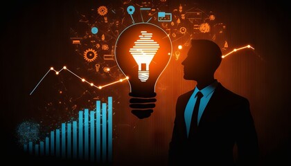 a silhouette Businessman holding creative light bulb with growth graph. Generative ai