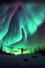 Naklejka na ściany i meble The colorful dancing curtains of the Aurora borealis landscape, GENERATIVE AI