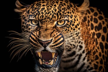 Fototapeta na wymiar Close up of a big, beautiful, angry leopard on a black background. Generative AI