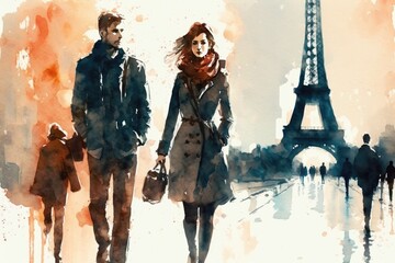 Obraz na płótnie Canvas Man and Woman Walking Near the Eiffel Tower in Paris France, Watercolor Style Generative AI