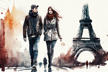 Fototapeta na wymiar Man and Woman Walking Near the Eiffel Tower in Paris France, Watercolor Style Generative AI