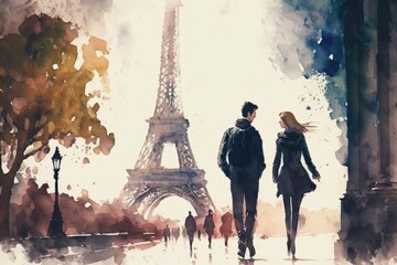 Man and Woman Walking Near the Eiffel Tower in Paris France, Watercolor Style Generative AI