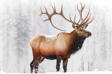 Bull elk standing in Canada's winter snow on a white background. Generative AI