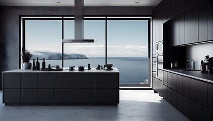 Sea view apartment, large windows, modern exterior, elegant design, clean lines, neutral color palette, open and airy interior, natural light. Modern apartment, Miami condominium style. Generative AI