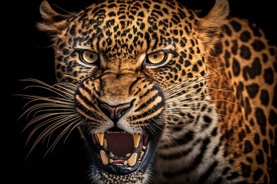 Close up of a big, beautiful, angry leopard on a black background. Generative AI