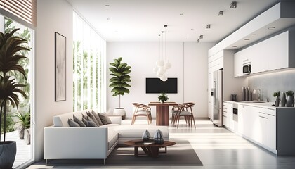 Naklejka na ściany i meble Elegant modern interior condominium with, contemporary Miami style architecture, white finish with wooden details, octane render, 3d, hyper realistic, hyper detail, high quality, detail. Generative AI