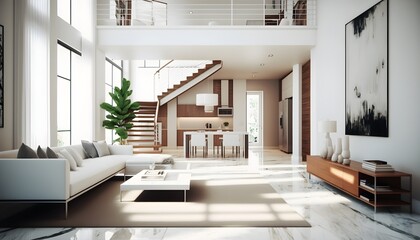 Obraz na płótnie Canvas Elegant modern interior condominium with, contemporary Miami style architecture, white finish with wooden details, octane render, 3d, hyper realistic, hyper detail, high quality, detail. Generative AI