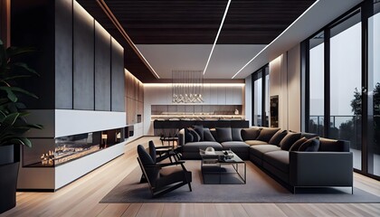 Modern interior design. Living area with sofa and open kitchen layout with modern bar. Generative AI