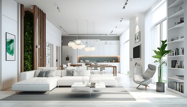 Elegant modern interior condominium with, contemporary Miami style architecture, white finish with wooden details, octane render, 3d, hyper realistic, hyper detail, high quality, detail. Generative AI