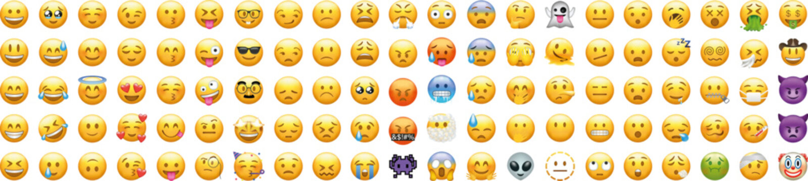 Big set of emoticons, emoji big icons set. iOS emoji set, WhatsApp emoji, emoticons. Smile set. Apple emoji. MacOS emoji.