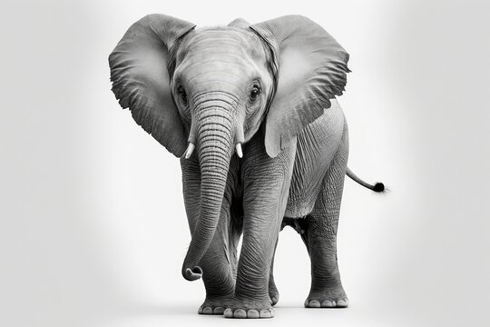 A picture of a young elephant in black and white against a white background. Generative AI