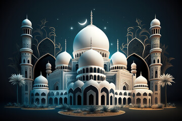 Fototapeta premium Beautiful illustration of a mosque with beautiful architecture and moon on the background. Generative AI illustration