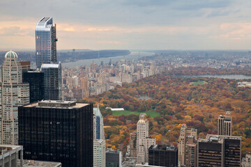 High angle view of central park and Manhattan buildings in New York city