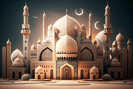 Beautiful illustration of a mosque with beautiful architecture and moon on the background. Generative AI illustration