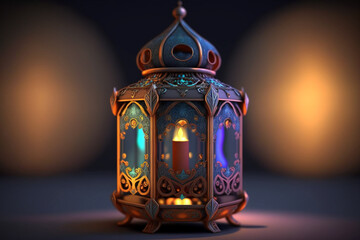 Arabic luxury lantern on the floor with bokeh background. Generative AI illustration