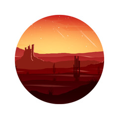 Colorful desert landscape with mountains, hills, sand dunes and deserted valleys. Desert area of Africa or Mexico. Extreme tourism and traveling. Wild West safari tour. Vector illustration