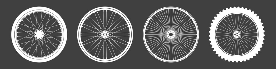 Black bicycle wheel symbols collection. Bike rubber tyre silhouettes. Fitness cycle, road and mountain bike. Vector illustration.