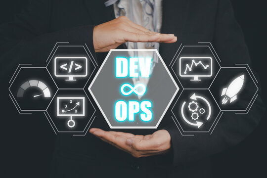 DevOps concept, Person hand holding DevOps icon on VR screen, Methodology development operations agil programming technology.concept.