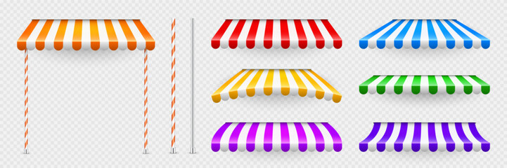Colorful shop sunshade with stand holders. Realistic striped cafe awning. Outdoor market tent. Roof canopy. Summer street store. Vector illustration