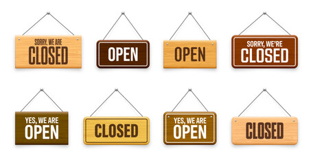 Wooden open or closed hanging signboards. Made of wood door sign for cafe, restaurant, bar or retail store. Announcement banner, information signage for business or service. Vector illustration