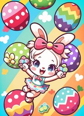 Kawaii cute  easter bunny girl with patterned colourful easter eggs