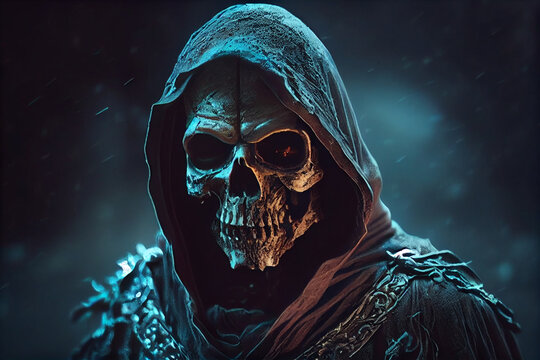 Halloween concept. Scary human skull in witch halloween costume.generative ai
