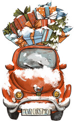 Red Christmas car with presents, transparent png illustration