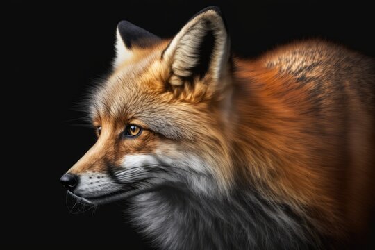 A picture of a gorgeous red fox with thick fur on a black background. Generative AI