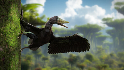 Archaeopteryx, bird-like dinosaur in a prehistoric forest  © dottedyeti