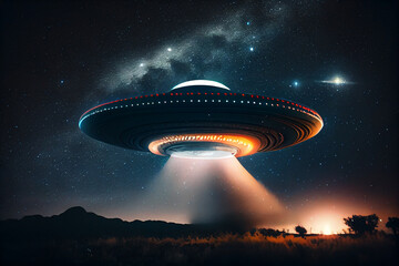 Obraz premium Futuristic flying saucer in the winter forest.generative ai