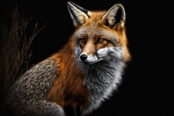 A picture of a gorgeous red fox with thick fur on a black background. Generative AI