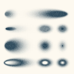 Stipple shadows set, vintage dotted design elements. Fading gradient. Stippling, dotwork drawing, shading using dots. Halftone disintegration effect. White noise grainy texture. Vector illustration