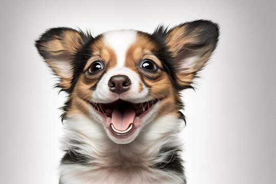 A picture of a funny looking puppy winking, set against a white background. Generative AI