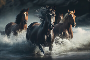 Beautiful bay horses run gallop in the water in the rain.generative ai