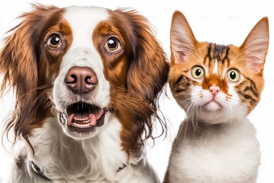 A picture of a hungry dog and a cat licking its face, set against a white background. Generative AI