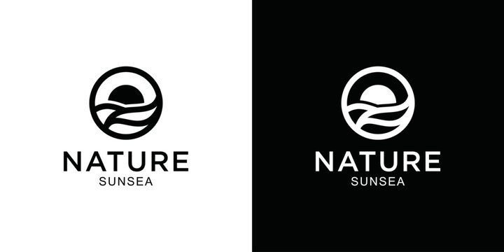 Beach logo or beach design template in simple sun and sea shape