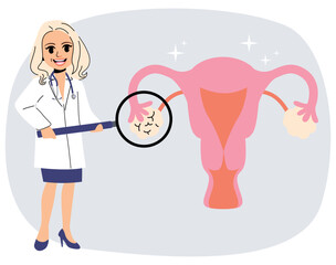 Vector illustration of female professional gynecologist doctor holding magnifying glass. Family planning concept
