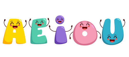 Vector illustration of vowels mascot characters. Education elements