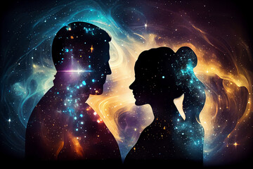 Silhouette of a man and a woman in profile against the background of the universe.generative ai