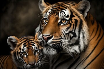 A picture of a mother and cub Sumatran tiger (Panthera tigris sumatrae). Generative AI