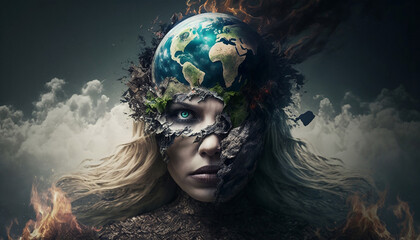 Gaia's Pain: The Face of Earth's Suffering, Earth, Gaia, Disaster, Save our Planet - IA Generated - obrazy, fototapety, plakaty