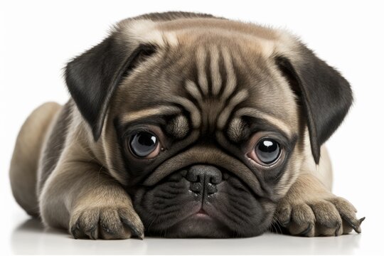 A picture of a sad pug puppy on a white background. Generative AI