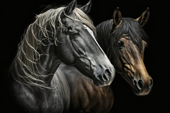 A picture of horses on a black background. Generative AI