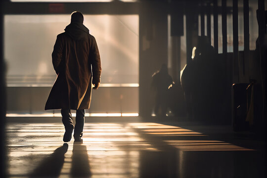 Back view of a man in a raincoat in a dark corridor.generative ai