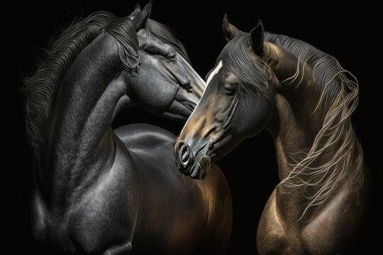 A picture of two horses on a black background. Horses falling in love. Generative AI