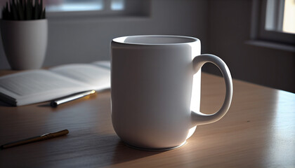 Blank white mug sitting on a desk counter. AI generated