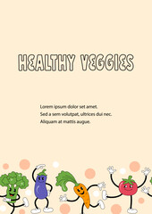 Template with vegetables are doing exercise or dancing for invitation, healthy lifestyle poster, fitness event, veggies party. Retro cartoon characters design. Vector illustration.