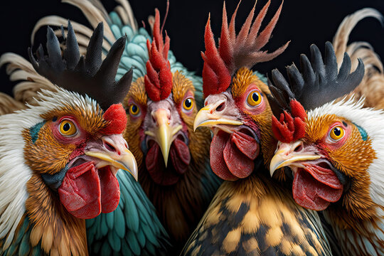 Funny chickens taking a group selfie created with Generative AI technology