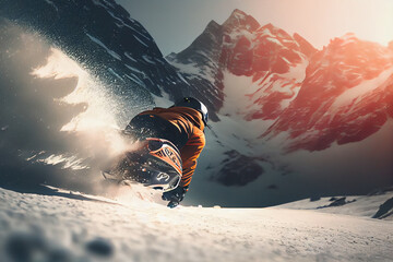 Flying snowboarder on mountains. Extreme winter sport. generative ai